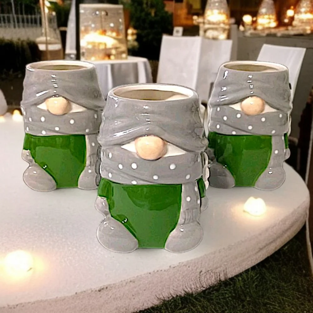 Pottery Barn Gnome Gnomette‎ Mug Set x 3 Ceramic Holiday Gray Green Polka Dots